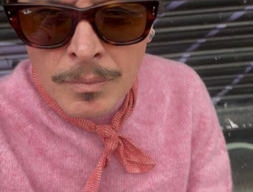 Ali Campbell in a 'ballerina pink' lambswool sweater made by 1of100
