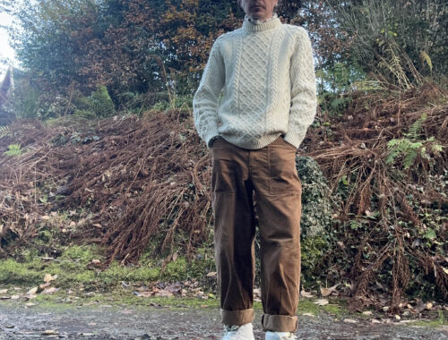 Ali Campbell in an Aran jumper, styled with some adapted Uniqlo cords.